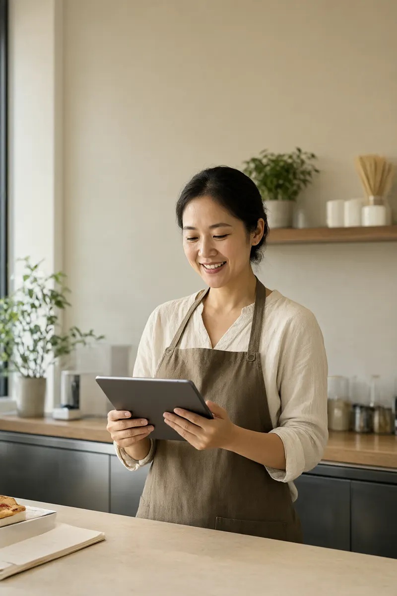 Chủ tiệm bánh xem đơn hàng trên máy tính bảng