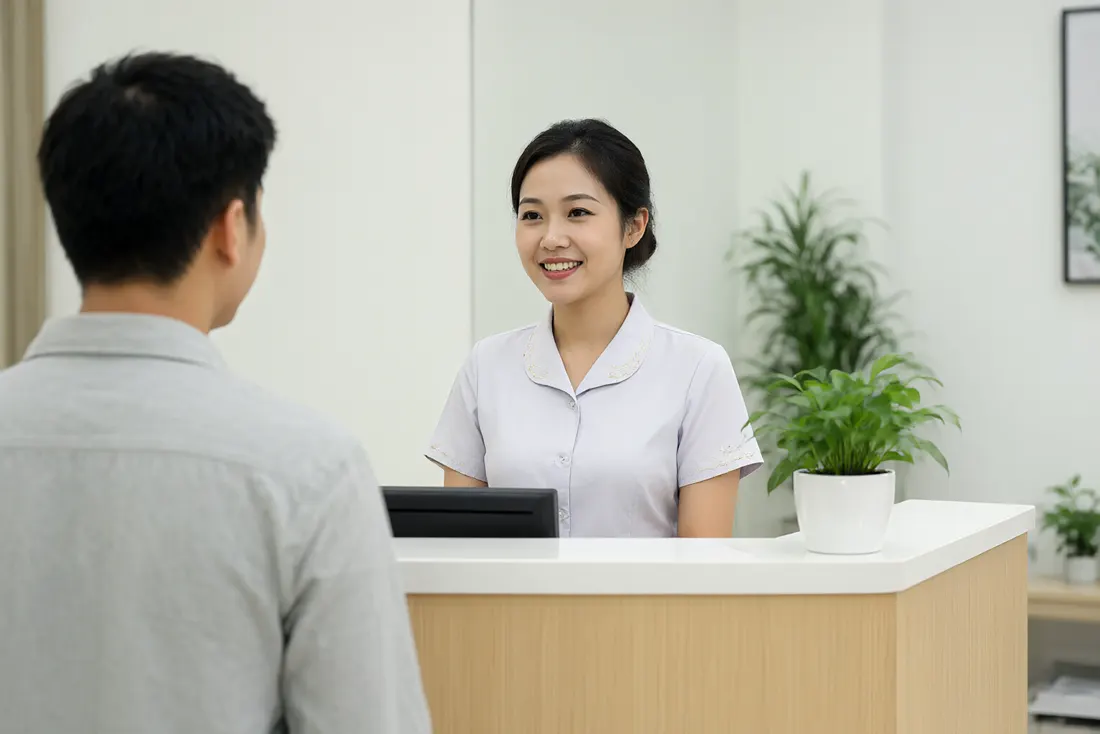 Lễ tân phòng khám đón khách tại quầy