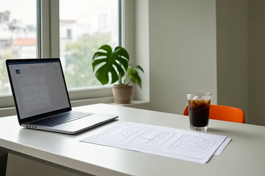 Bàn làm việc với bản phác thảo giao diện website và laptop